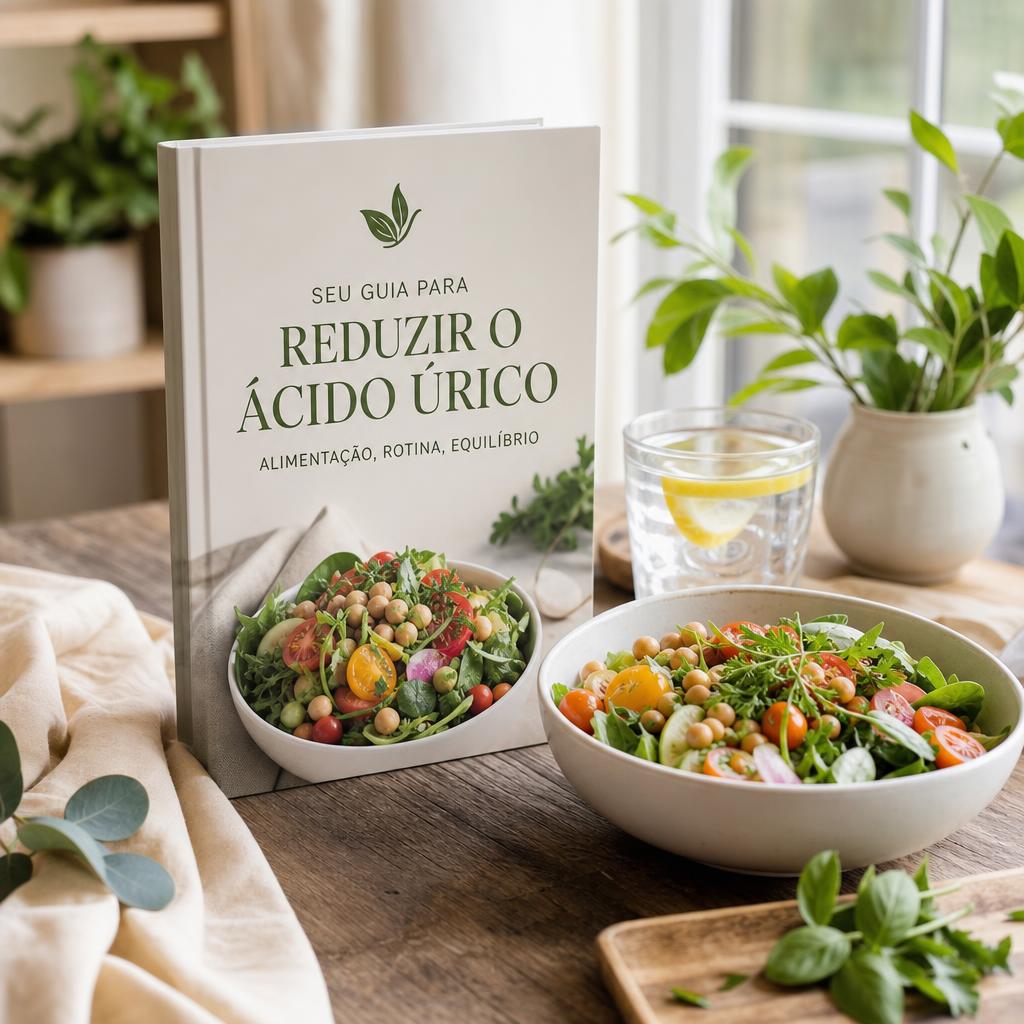 Guia educativo aberto sobre uma mesa de cozinha com salada fresca e copo de água